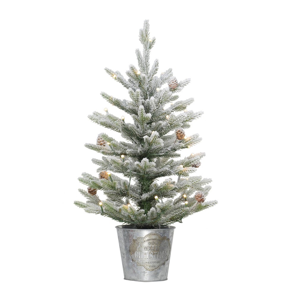 Photos - Garden & Outdoor Decoration Puleo 2ft  Pre-Lit Flocked Tabletop Artificial Christmas Tree in Metal Pot 