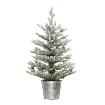 2ft Puleo Pre-Lit Flocked Tabletop Artificial Christmas Tree in Metal Pot Clear Lights