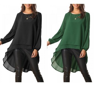 INSPIRE CHIC Women's Lantern Long Sleeve Round Neck High Low Irregular Hem Casual Blouse 2 Packs - 1 of 4