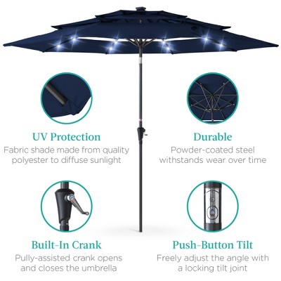 Navy 10ft 3-Tier Solar Patio Umbrella with LED Lights and Tilt Adjustment