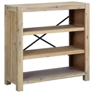 vidaXL Solid Acacia Wood Bookcase with 3 Shelves - Brushed Finish, Brown - Rustic Farmhouse Style, Freestanding Bookshelf