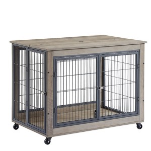 FURNIinspire Pet Crates And Houses Furniture Style Dog Crate Pet Cage Side Table With Double Doors And Lift Top, Gray, 38.58"*25.19"*27.2" - 1 of 4