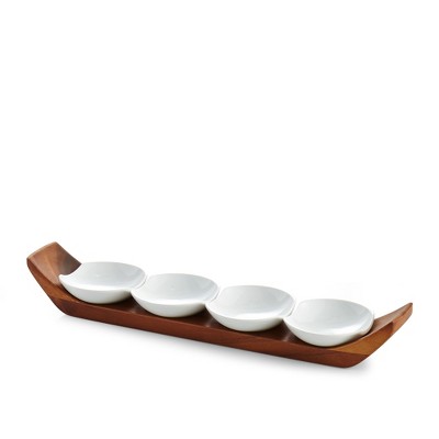 Nambe Quatro Snack & Serve Set, 4 Porcelain Bowls & Acacia Wood Rest Base