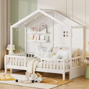 Twin Size House Bed with Shelves, Window and Sparkling Light Strip - 1 of 4