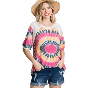 Slickblue Women's Tie Dye Bubble Sleeve Tunic Top, French Terry Fabric, Casual Fit, Fuchsia, Size S-L - 1 of 4
