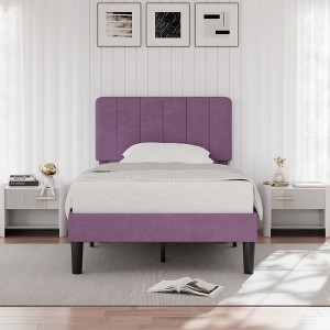 VECELO Velvet Upholstered Platform Bed Frame with Adjustable Headboard, Sturdy Wood Slat Support, No Box Spring Required - 1 of 4