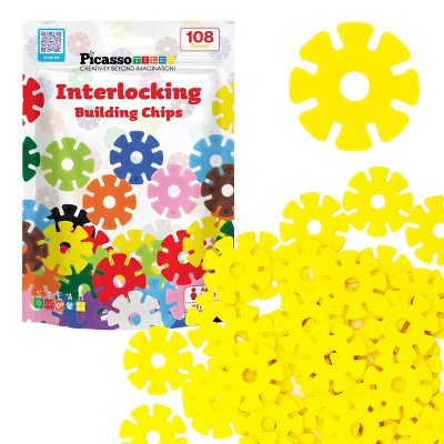 PICASSO-TILES 108 PC Yellow Interlocking Plastic Disc, Building Chip Blocks Toy Set for Toddlers, Boys & Girls 3+