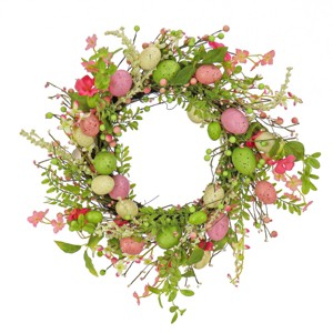 20" Artificial Pink Floral Spring Wreath with Pastel Eggs and Berries - National Tree Company - 1 of 3