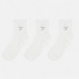 Anna-Kaci Women's Ankle Socks 3-Pack with Scalloped Cuff and Bow Embroidery in Neutral Tones - 1 of 2