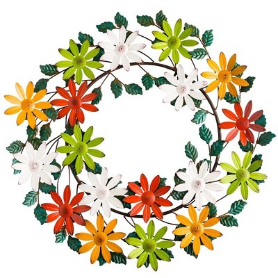 Wind & Weather Hand-Painted Colorful Metal Flowers and Leaves Wreath