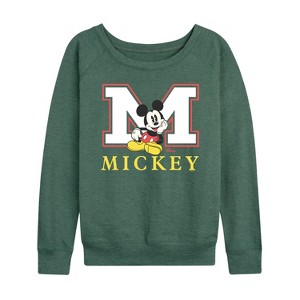 Women's - Disney - Mickey M Block Letter Lightweight French Terry Wide Neck Long Sleeve Graphic Shirt - 1 of 4