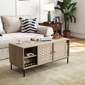 KTMBDW Coffee Table with 4 Sliding Doors, Farmhouse Cocktail Table Symmetrical Design, Rectangular Center Table for Living Room, Natural - 1 of 4