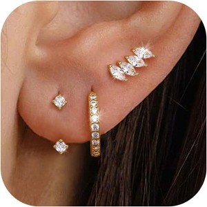 3Pairs 925 Sterling Silver, 14K Gold Plated Small Huggie Hoop Earrings Sets for Multiple Piercing CZ Cartilage Earrings Stacks - 1 of 4