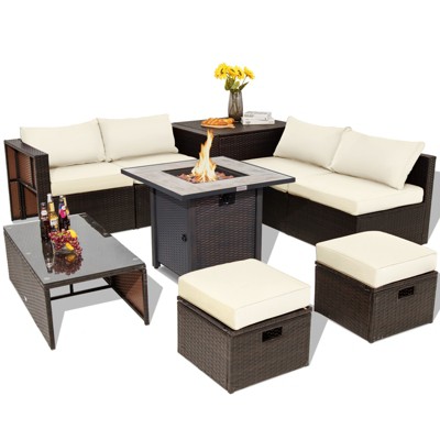 Tangkula 9 PCS Outdoor Patio Furniture Set w/ 30" Propane Fire Pit Table PE Wicker Space-Saving Sectional Sofa w/ Storage Box and Cushions Black/Gray/Navy/Red/Turquoise/Off White