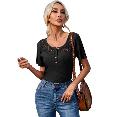 Womens Knit Tops Short Sleeve Ribbed Knit Tops with Lace Neckline Elegant Front Button Sweater,Black - S