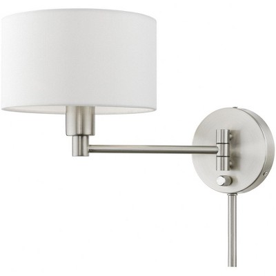 Transitional Brushed Nickel Swing Arm Wall Lamp with Off-White Shade