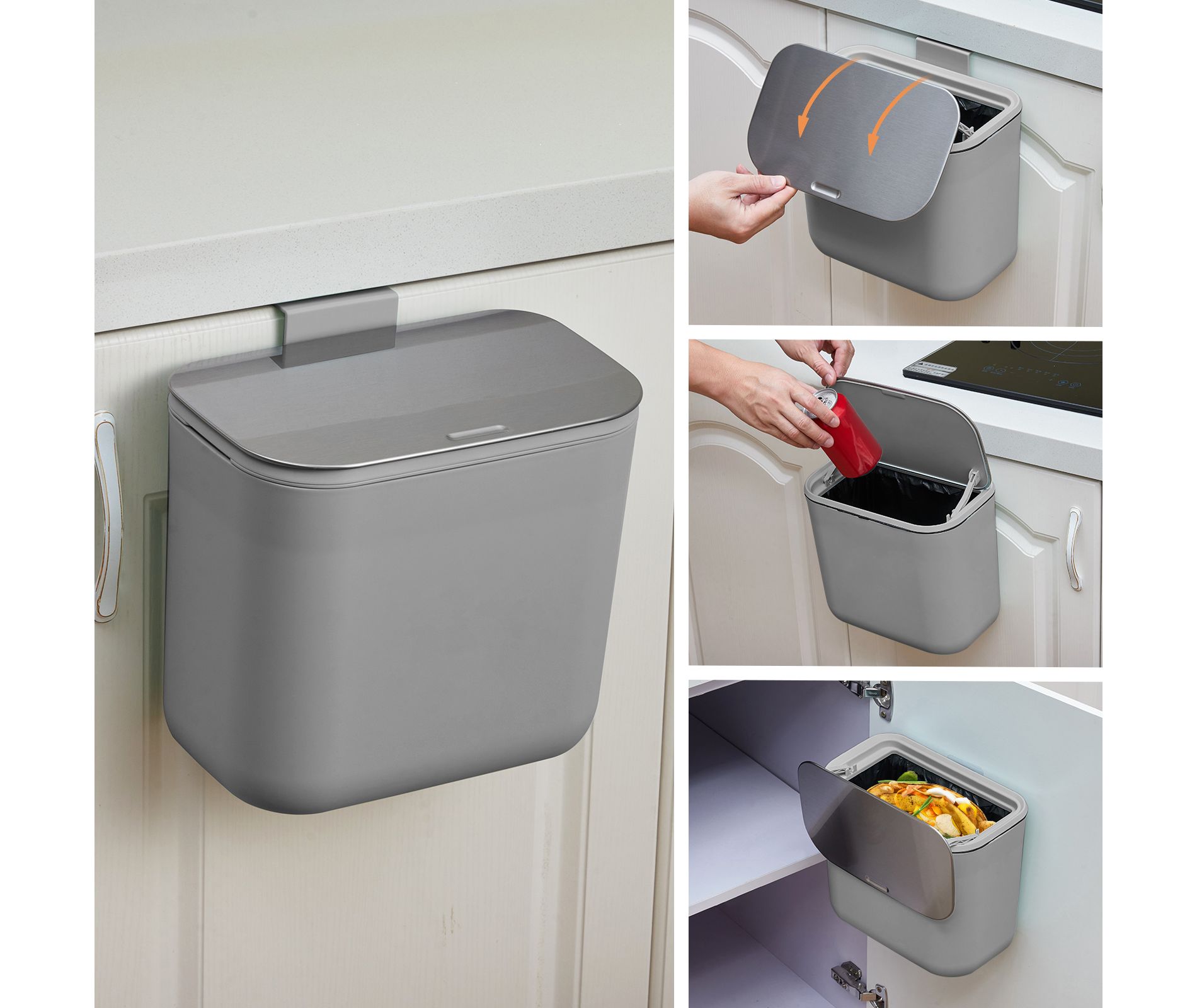 Odor-Free & Space-Saving Hanging Trash Can – Stainless Steel Lid Indoor Compost Bin for Kitchen, Cabinet, Under Basin, 1.8/2.4 Gallon