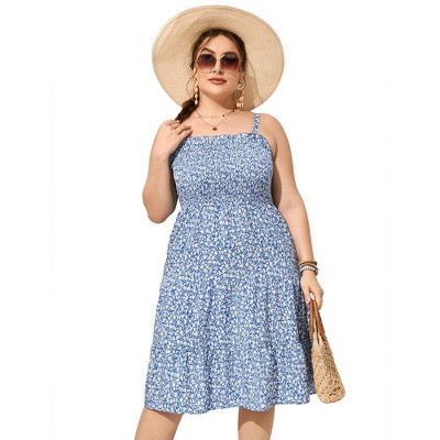 Plus Size Summer Dresses Women's Sleeveless Square Neck Smocked Flowy Ruffle A Line Maxi Dress