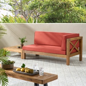 Christopher Knight Home Brava Outdoor Acacia Wood Right Arm Loveseat and Coffee Table Set with Cushion - 1 of 4