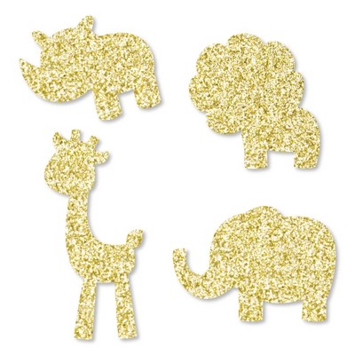 Big Dot of Happiness Gold Glitter Lion, Giraffe, Rhino and Elephant - No-Mess Real Gold Glitter Cut-Outs - Safari Jungle Party Confetti - Set of 24