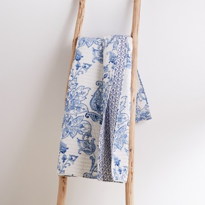 Blue and White Paisley Cotton Reversible Quilted Throw