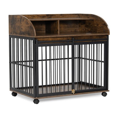NicBex 37.91Inch Dog Crate Furniture Heavy Duty Dog Crate with Open Storage Shelf,Decorative Dog Cage Table with Lockable Wheels,Indoor Use,Brown