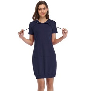 Coolmee Women V Neck Short Sleeve Pullover Hooded Kangaroo Pocket Sweatshirt Casual Hoodie Ribbed Hem Mini Dress - 1 of 4