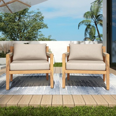 Outdoor Acacia Wood Lounge Chair with Beige Rope Woven Back & Cushions, Weather-Resistant Patio Armchair for Courtyard-Baofuwish