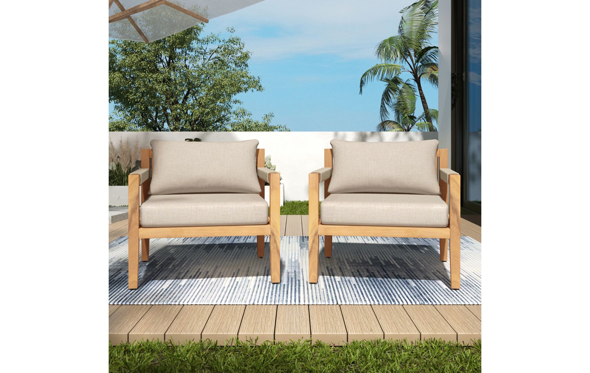 Set of 2 Outdoor Acacia Wood Lounge Chair with Beige Rope Woven Back & Cushions, Weather-Resistant Patio Armchair for Courtyard-Baofuwish