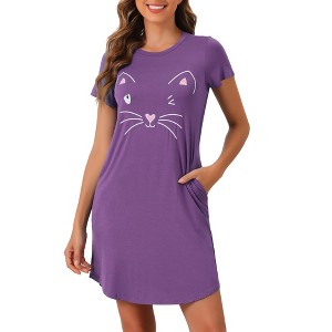 cheibear Women's Short Sleeve Summer Cute Cat Printed with Pockets Nightgowns - 1 of 4