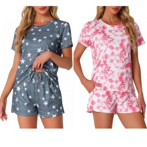 INSPIRE CHIC Women's 2Pcs Pajama Set Round Neck Short Sleeve Top and Drawstring Shorts Loungewear Set - 1 of 4