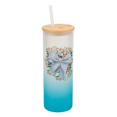Elanze Designs 25 Ounce Frosted Glass Gradient Travel Tumbler With Straw and Wooden Lid, White Bow Floral Sky Blue