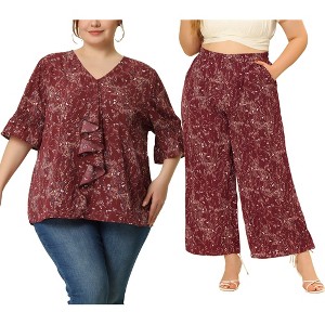 Women's Plus Size Two Piece Sets Floral Ruffle Smocked Sleeve Summer Blouses and Wide Leg Long Palazzo Pants - Agnes Orinda - 1 of 4