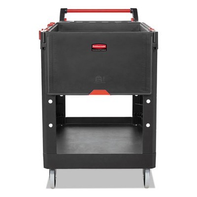 Heavy Duty Black Plastic Utility Cart with Adjustable Handle and Flip-Up Shelf