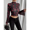 Women's Heart Sheer Mesh Long Sleeve Top Elastic Skinny Crop Turtleneck T-Shirts Flare Sleeve Beach Tops - 2 of 4