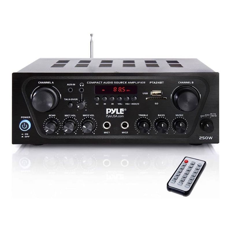 Pyle 250 Watt 2 Channel Compact Wireless Bluetooth Home Audio Amplifier Stereo Receiver Sound System with Microphone Inputs and Remote Control, 3 of 8