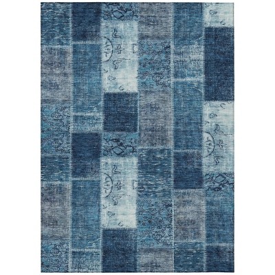 Navy Blue And Sky Blue Patchwork Washable Indoor Outdoor Area Rug