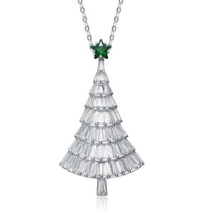 Guili Christmas Tree White Gold Plated Pendant/Brooch with Cubic Zirconia, featuring Emerald Green and White stones for a festive look. - 1 of 2