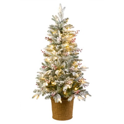 National Tree Company 4' Pre-lit Feel Real® Snowy Poechmann Fir Artificial Christmas Entrance Tree with Berries and Pinecones White Lights