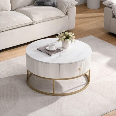 31" Modern Round Storage Coffee Table,Faux Marble Table With Drawers And Metal Frame,Coffee Table For Living Room Apartment-Coolbibila
