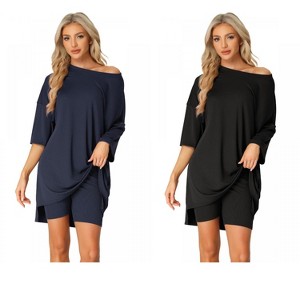 INSPIRE CHIC Women's 2 Pcs Knit Loungewear 3/4 Sleeve T-Shirt with Bike Shorts Pajama Set - 1 of 4