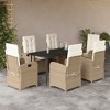 vidaXL 7 Piece Patio Dining Set - Beige/Black Reclining Poly Rattan Chairs with Cushions and Tempered Glass Table for Outdoor, Garden, Patio, Backyard - 2 of 4