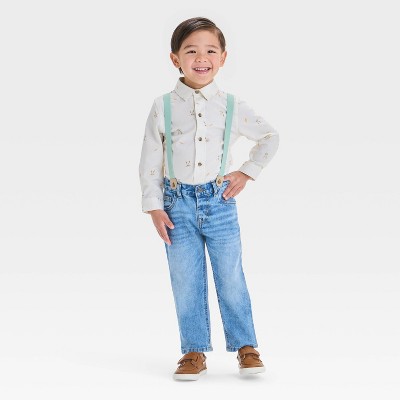 Toddler Boys' Button Up Gauze Shirt and Denim Pants - Cat & Jack™ Medium Wash