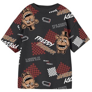 Five Nights At Freddy’s Low Battery & Checkered Squares All-Over Print Youth Black Crew Neck Short Sleeve T-shirt - 1 of 3