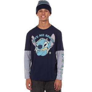 Seven Times Six Disney Stitch Men's Faux Long Sleeve Shirt And Beanie Give Me Space Blue - 1 of 4