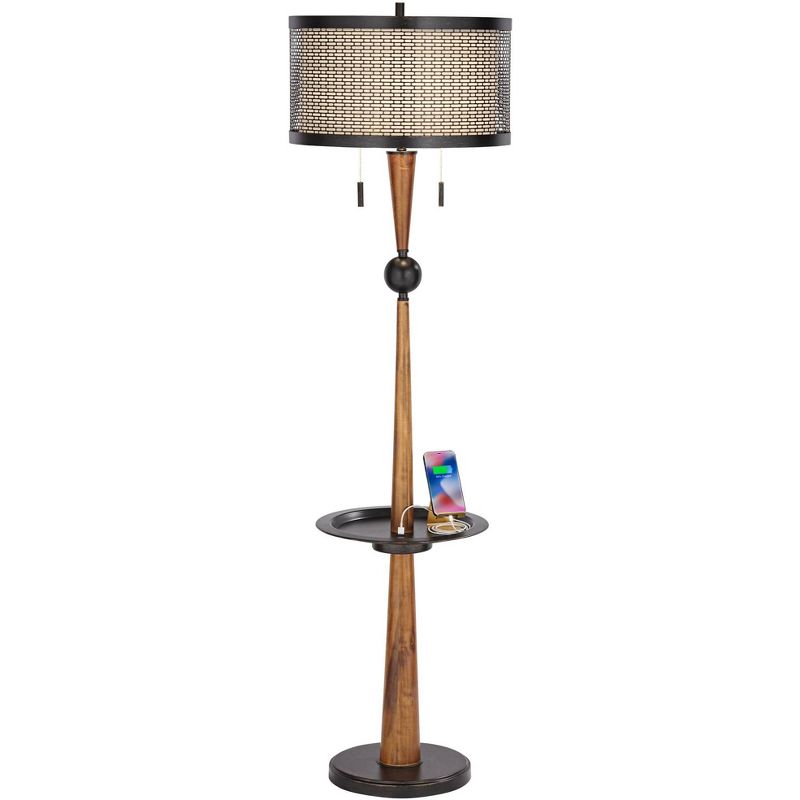 Franklin Iron Works Hunter Rustic Floor Lamp with Tray Table 64 3/4" Tall Faux Wood Bronze USB Charging Port Oatmeal Linen Drum Shade for Living Room, 3 of 10