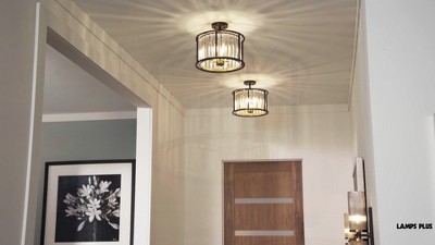 Bronze Brass Crystal Drum Semi Flush Mount Ceiling Light