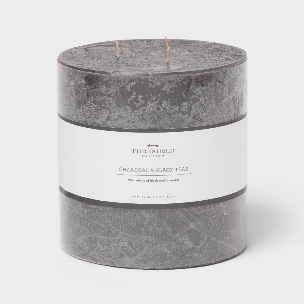 6"x6" 3-Wick Pillar Candle Charcoal and Black Teak - Threshold™: Long Burn Time, Home Ambiance