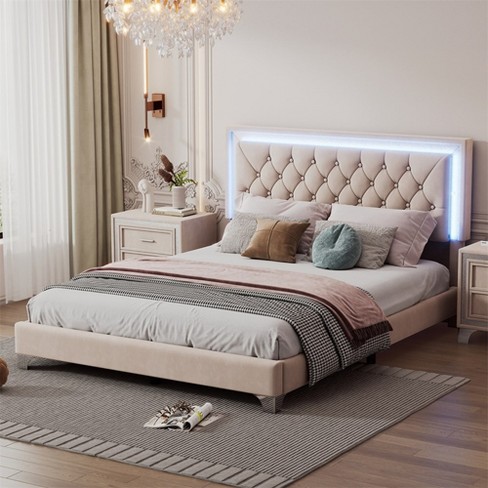 Queen Size Bed Frame With Foam-filled Cushion, Tufted Headboard ...