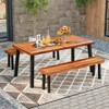 Tangkula Outdoor Acacia Wood Benches Set of 2 w/ Slatted Top & Flared Metal Legs - 3 of 4
